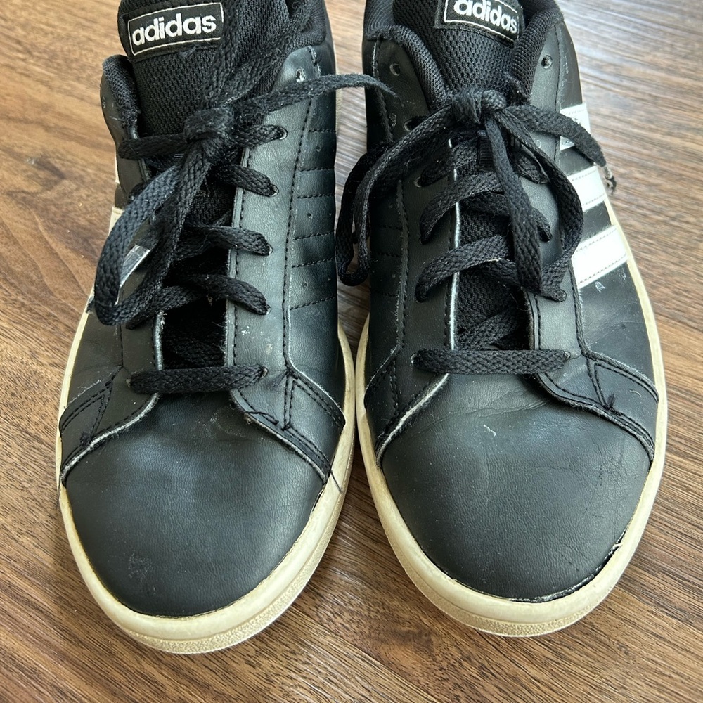 Adidas Logo Stripe Grand Court Sneakers Blokette Trainers Sporty Black Leather 7 - Picture 4 of 12